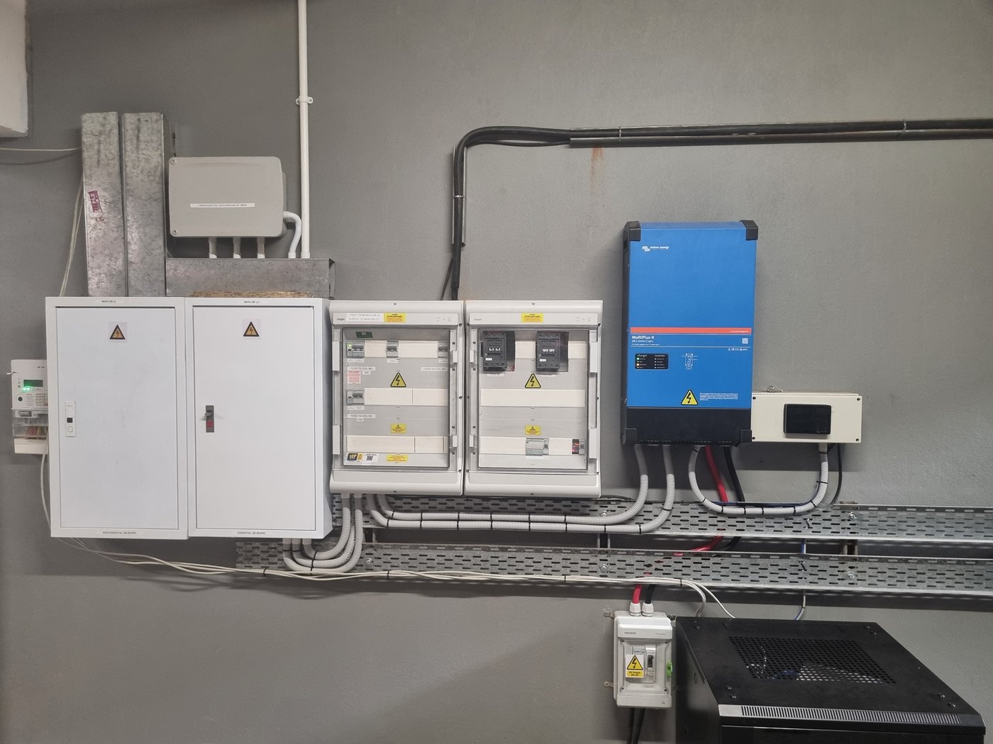 Distribution boards and Victron inverter installed in a backup power room