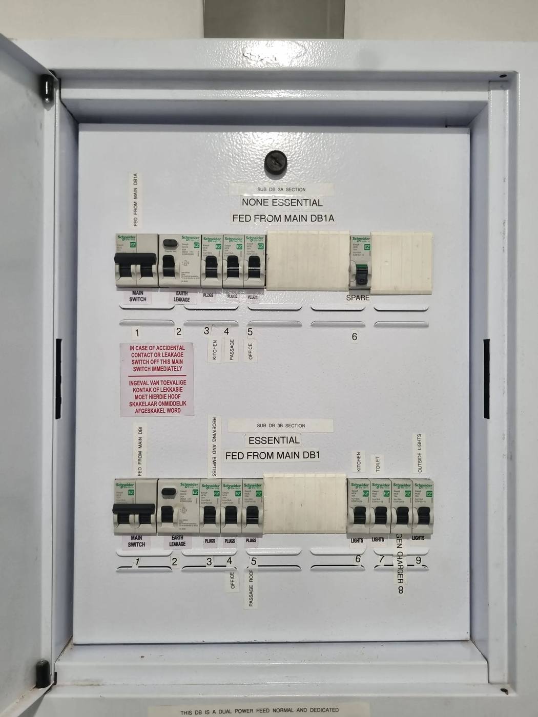 Essential and non-essential distribution board, fully labelled by circuit