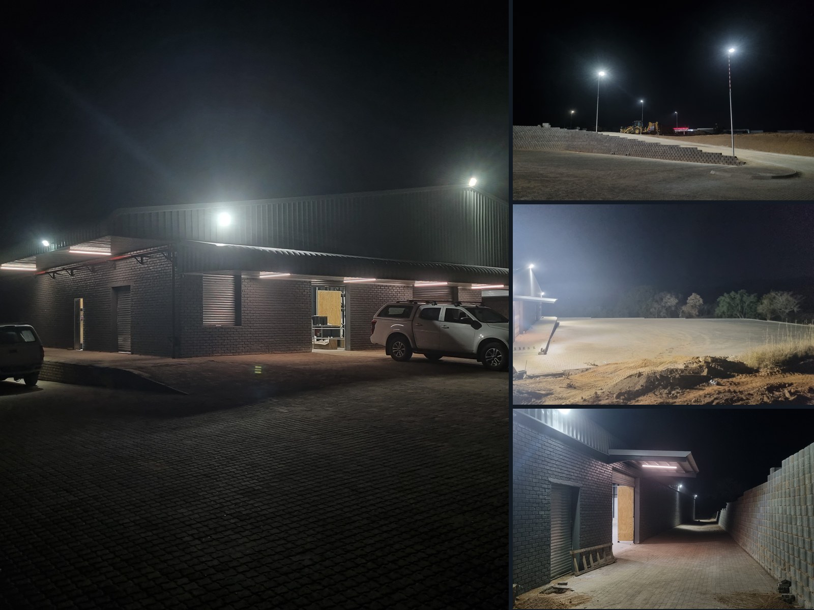 Commercial building exterior, floodlight poles and LED eave lighting installed on a completed site
