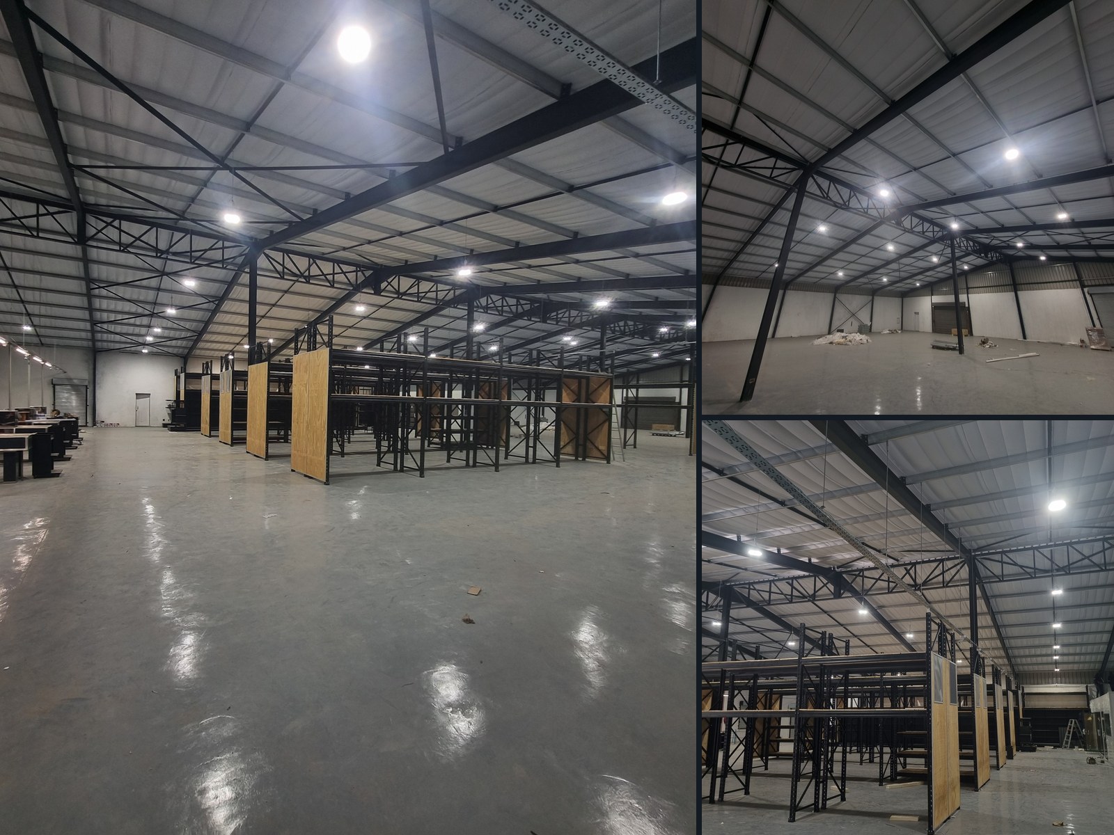 LED high-bay lighting installed across a warehouse ceiling, three views